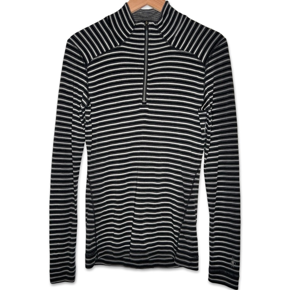 Smartwool 100% Merino Wool Quarter Zip Base Layer Top Black Gray Striped S Cozy